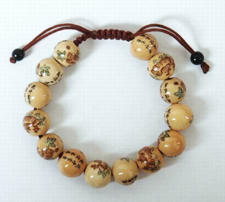 Chinese Writing & Flowers 12mm Bead Bracelet