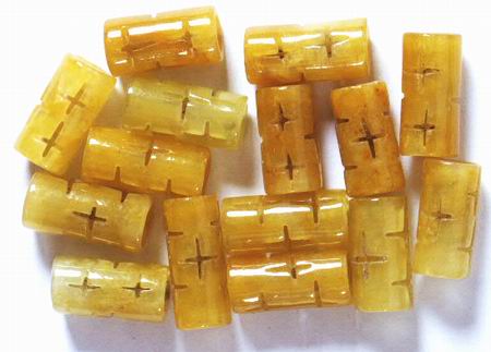 14 Carved Golden Yellow Chinese Jade Tube Beads