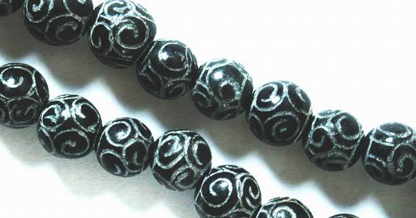 Carved Black Nephrite Jade Bead Strand - 8mm