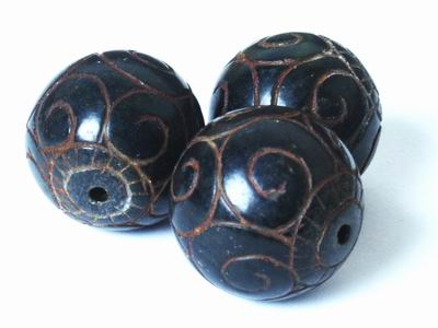 3 Huge 24mm Carved Black Nephrite Jade Beads