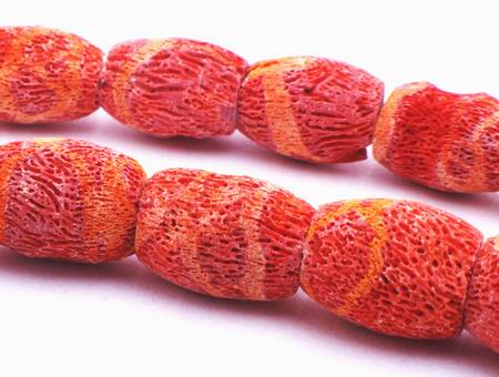 Brushed Red Coral Barrel Beads - unusual!