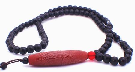 Beautiful Etched Chinese Dragon Necklace - Red & Black Beads