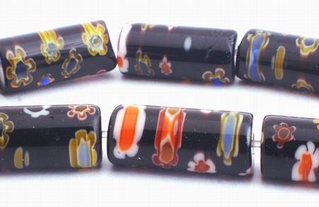 Black  Millefiori Flower Tube Beads