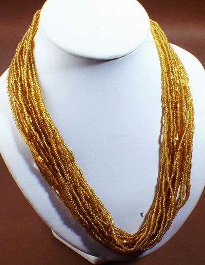 Long 18-Strand Golden Seed Bead Necklace