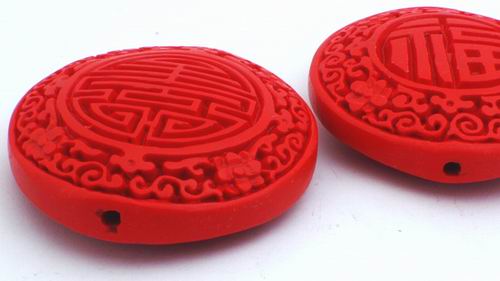 Vivid Red Carved Cinnabar Bead - Large 55mm