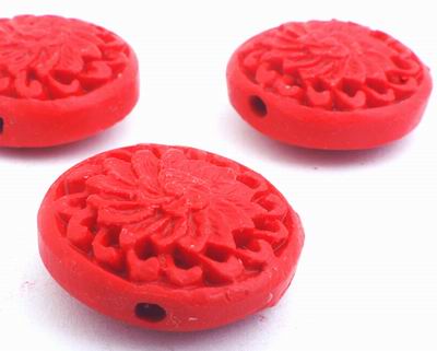 4  Bright Red Round Carved Cinnabar Beads