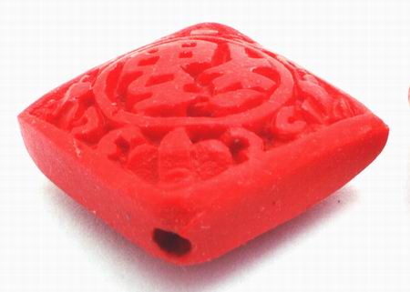 4 Square Fire Engine Red Carved Cinnabar Beads