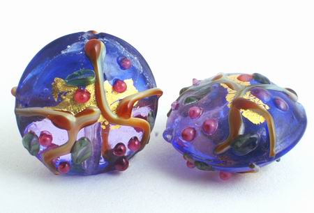 4 Large Royal Gold & Blue Lampwork Button Beads