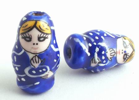 4 Unusual Little Blue Russian Doll Beads