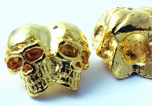 Bright Gold Double Skull Metal Bead - heavy with large hole