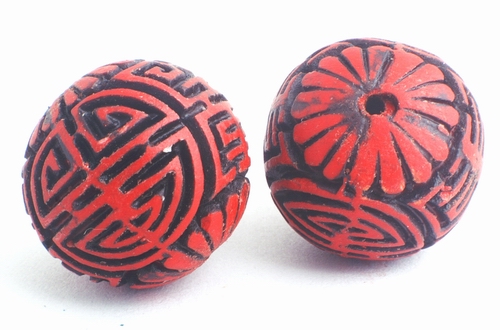 2 Large Deep-Red Mystical Carved Cinnabar Beads