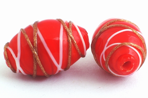 5 Beautiful Red & Gold Lampwork Barrel Beads