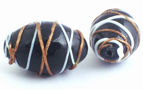 5 Beautiful Black & Gold Lampwork Barrel Beads