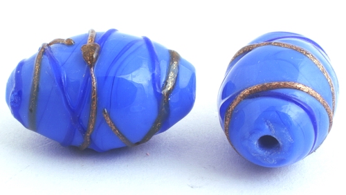 5 Beautiful Blue & Gold Lampwork Barrel Beads