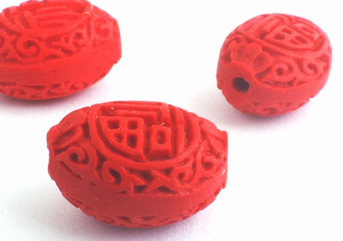 4 Fire-Red Carved Cinnabar Oval Beads