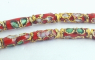Intricate Fire-Red & Gold Cloisonne Tube Beads