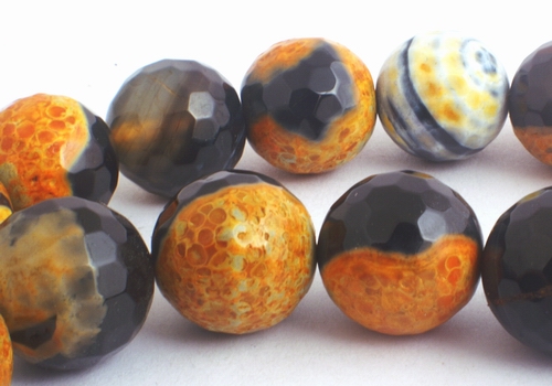 Unusual Faceted Orange & Black Tiger Mane Agate Beads - 14mm