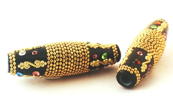 Long 59mm Glamorous Gold & Black Cloisonne Bead - Large Hole