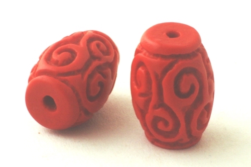 2 Deep-Red Carved Cinnabar Barrel Beads