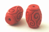 2 Deep-Red Carved Cinnabar Barrel Beads