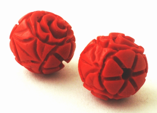 4 Deep-Red 12mm Carved Cinnabar Beads