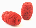4 Carved Fire Engine-Red Cinnabar Dragon Barrel Beads