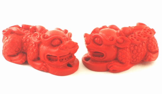 Pair Large Carved Fire Engine-Red Cinnabar Chinese Lion Beads - Unusual!