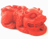 Pair Large Carved Fire Engine-Red Cinnabar Chinese Lion Beads - Unusual!