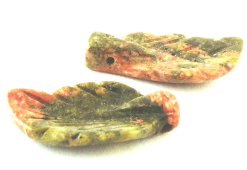 4 Unusual Carved Unakite Leaf Beads - Top Drill