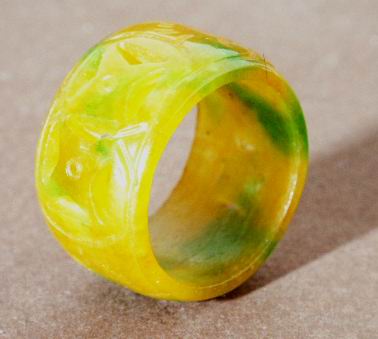 Chunky Chinese Carved Yellow & Green Jade Ring