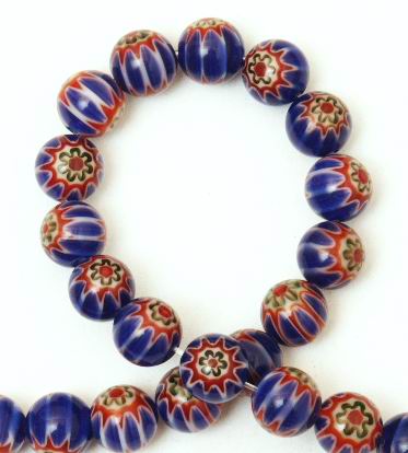 Beautiful Blue & Red Lampwork Bead Strand