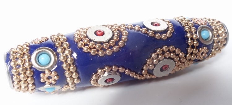 Long Magical Blue & Gold Cloisonne Barrel Bead