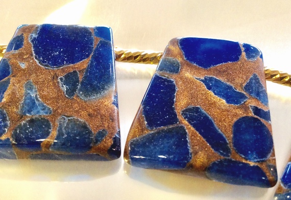 14 Amazing Cleopatra Blue & Gold Trapezoid Lapis Beads