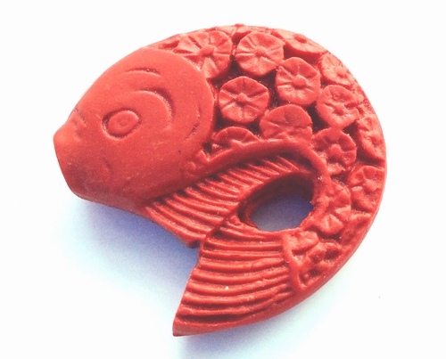 2 Large Red Cinnabar Carved Fish Beads - Unusual!