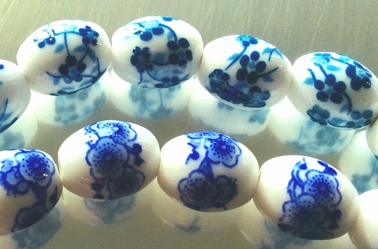 32 Porcelain Blue or Green Flower Beads