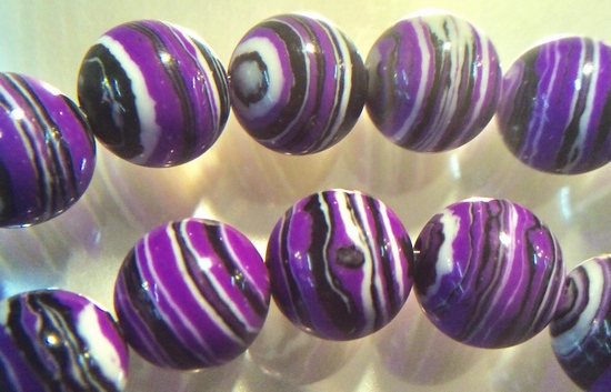 Purple, Black & White Striped Zebra Calsilica Beads - 8mm